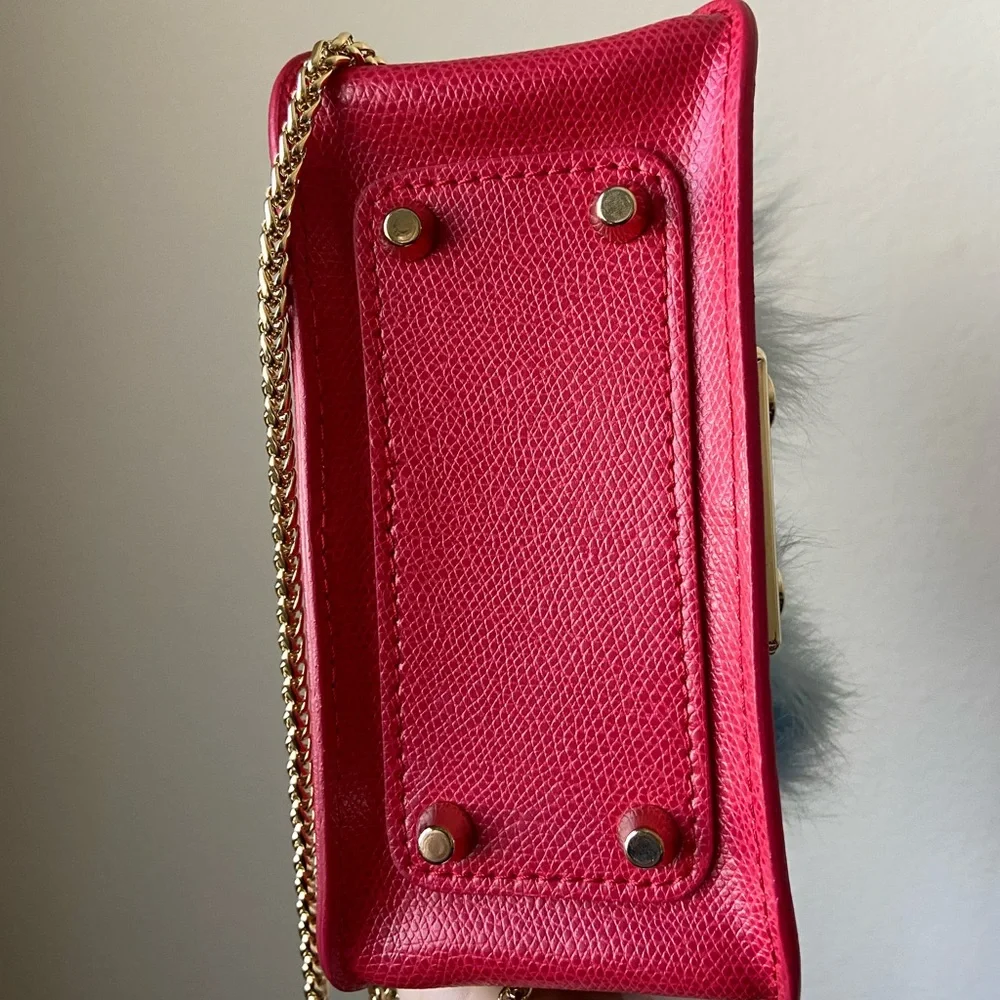 Furla metropolis small pink leather and blue faux fur bag